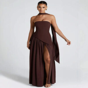 Brown Elegant Strapless Long Dress with Scarf Cocktail